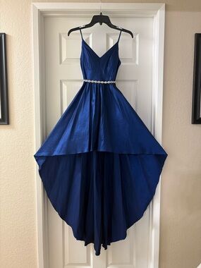 B Darlin Royal Blue High-Low Spaghetti Strap Dress with Beaded Waist